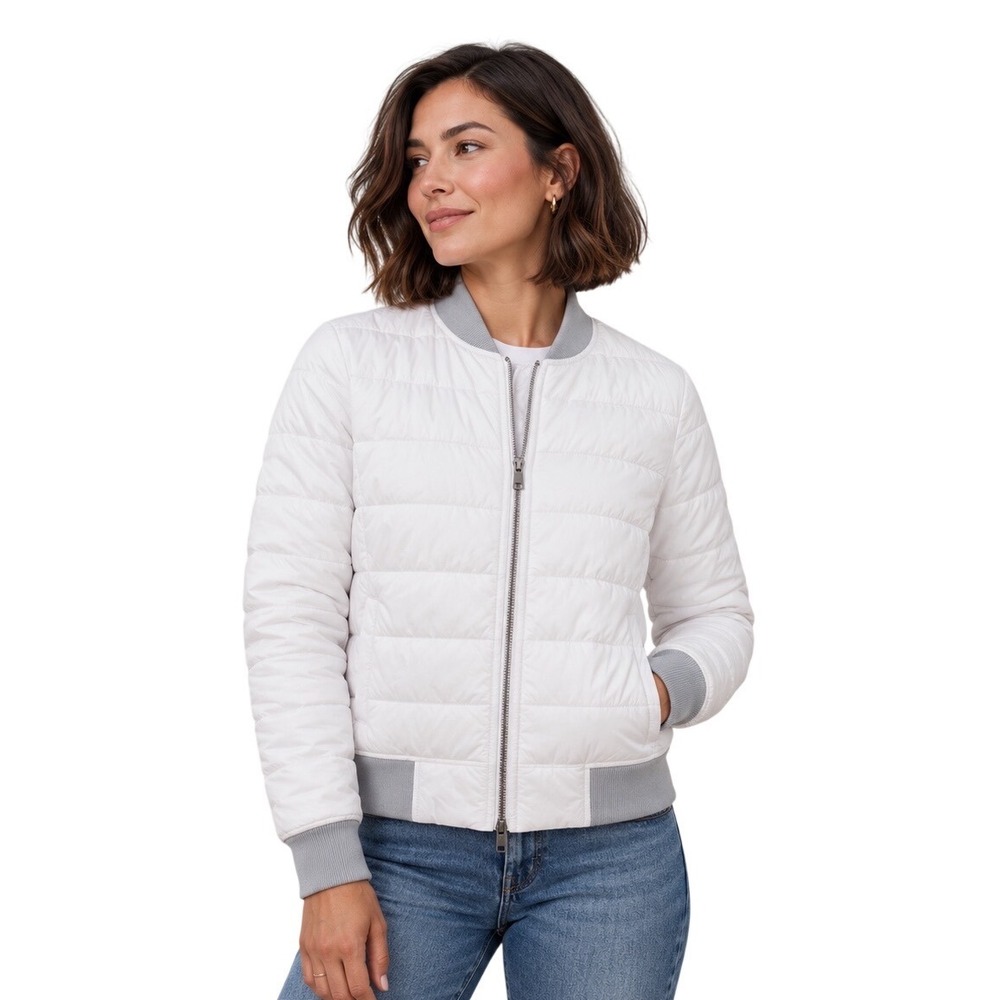 Athleta White Goose Down Puffer Bomber Jacket S Lightweight Quilted Gray Trim